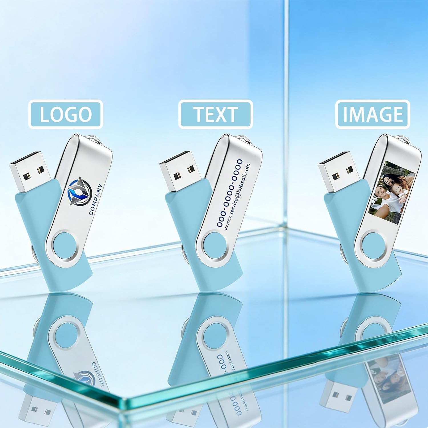 10 Pack 2GB Custom USB Flash Drives USB 2.0 with Case, Personalized Thumb Drives with Logo/Text/Image, Light Blue Bulk Customized Memory Sticks for Wedding, Business, Corporate Gifts