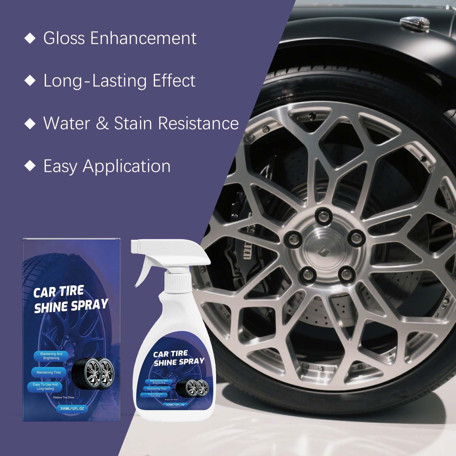 Hochglanz-Reifenglanz-Spray 355ML, langanhaltendes Schutzmittel, heller Schwärzungsglanz für Auto, LKW, Motorrad, Wohnmobil, schnelle Anwendung, Wartung von Autodetails (2Pcs)