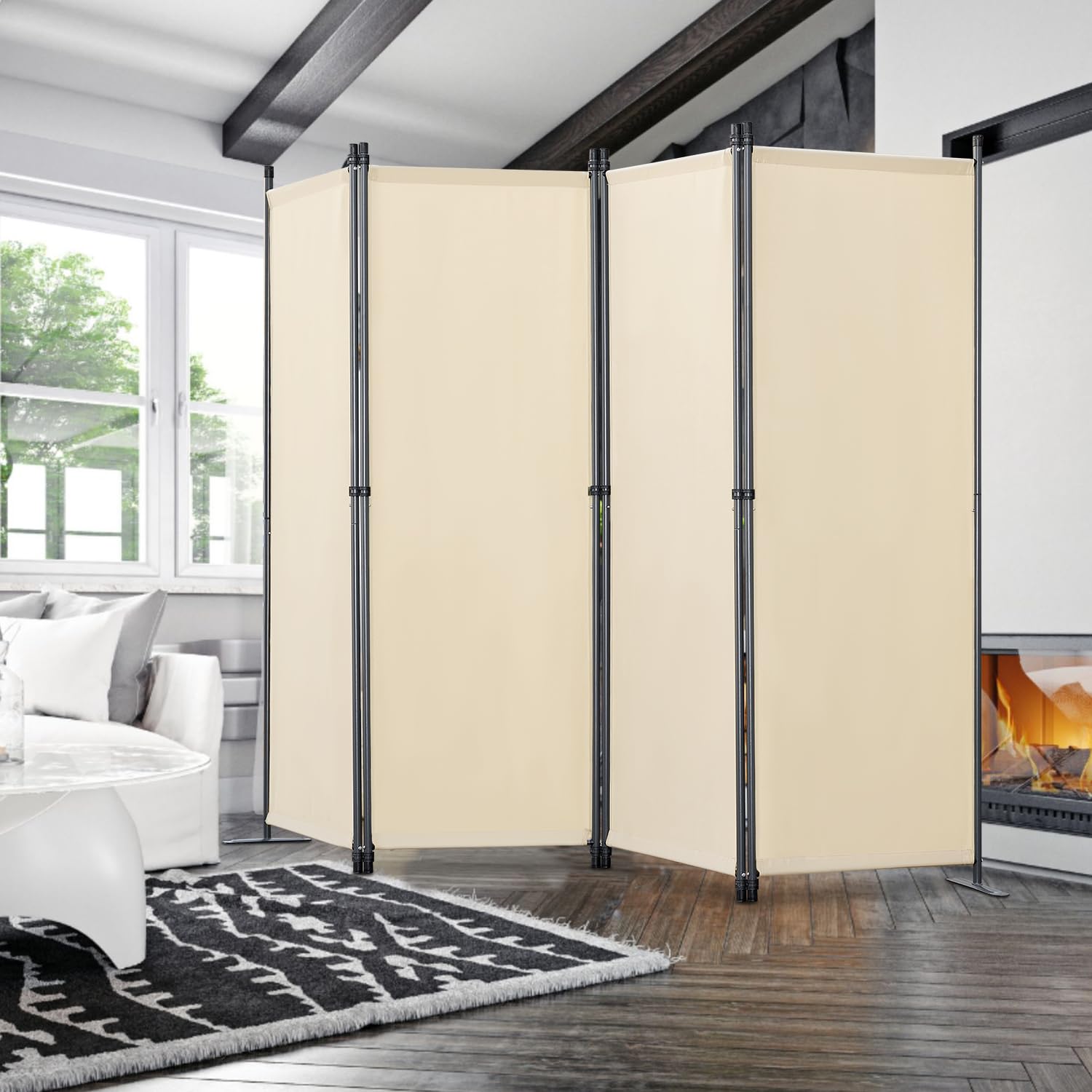 Biombo Separador de 4 Paneles, Decoración Elegante, Separador de Ambientes Plegable, Divisor de Habitaciones, 224X162 cm Beige