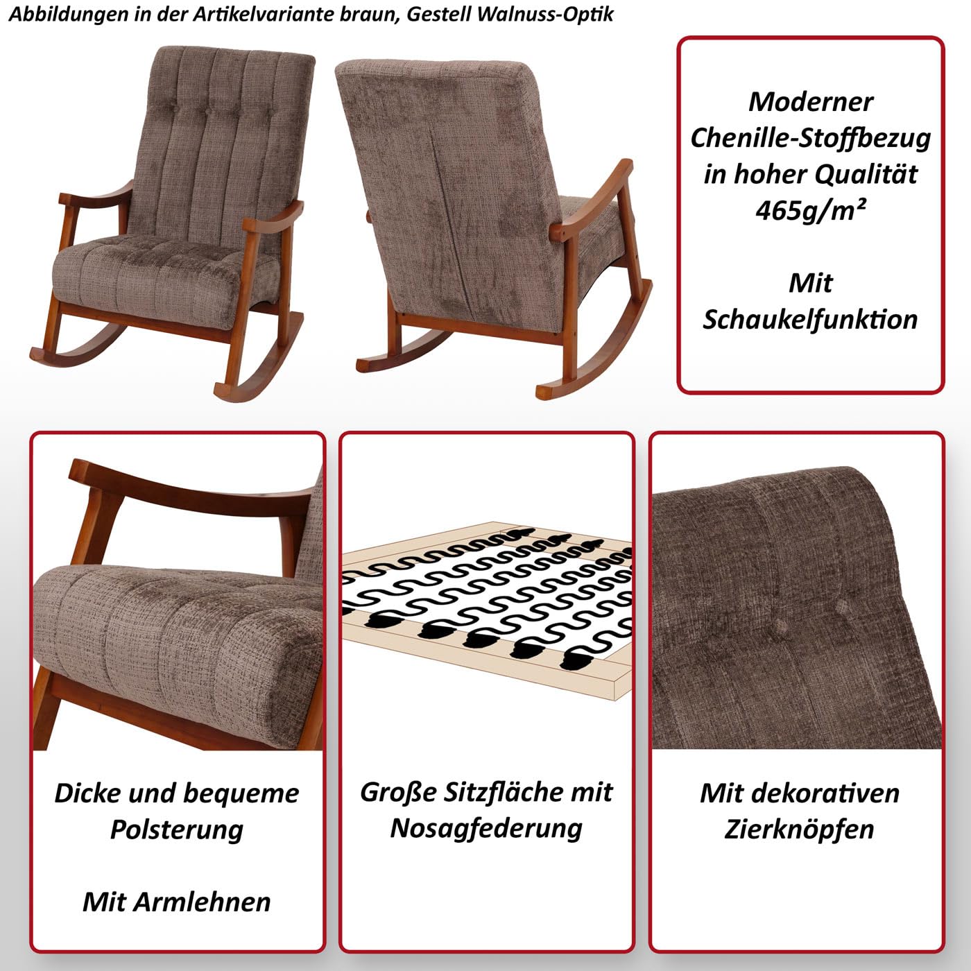 Mendler Schaukelstuhl HWC-K10, Relaxsessel, Holz FSC® Stoff/Textil Chenille (465g/m²) - Bordeaux, Gestell Natur