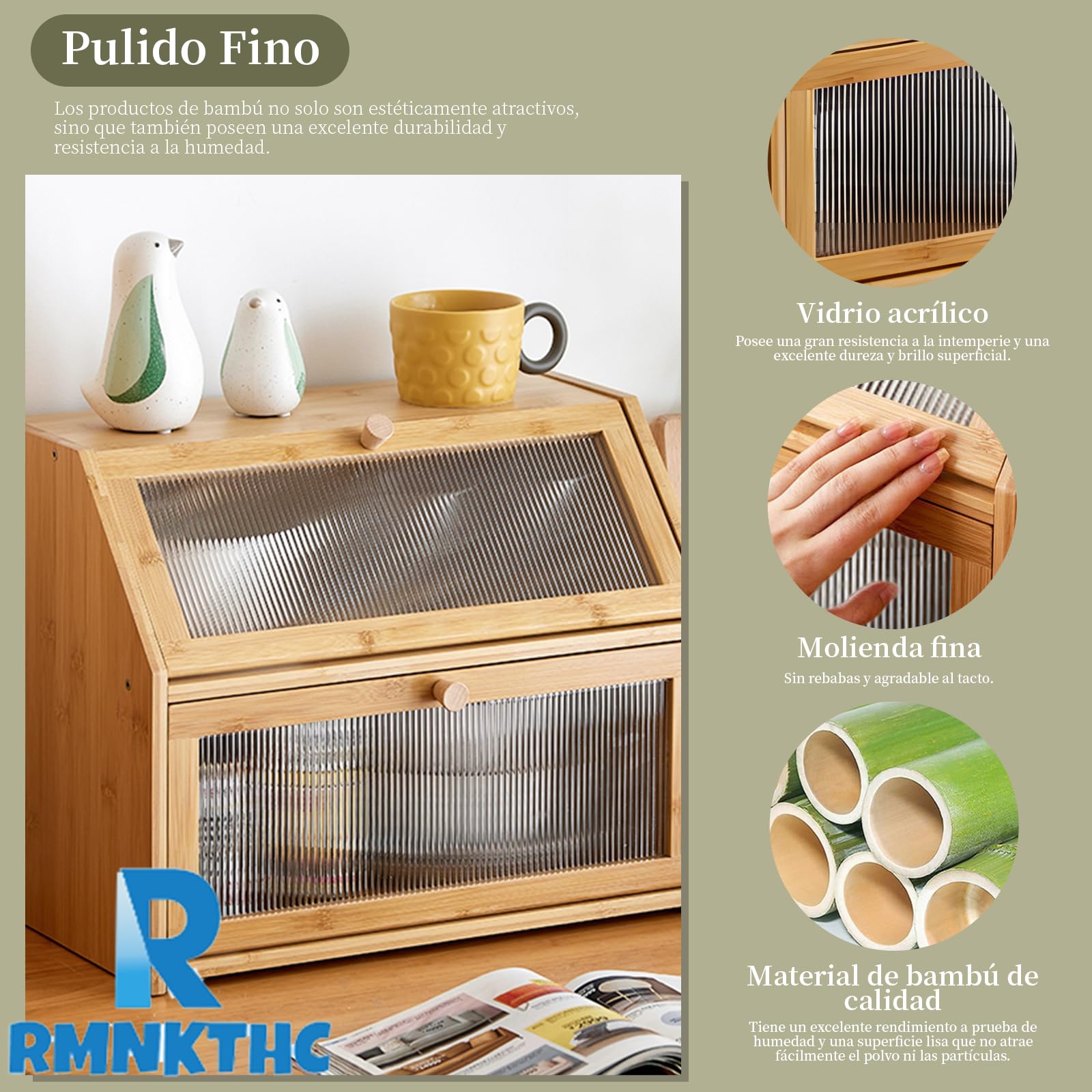 Panera de bambú de 2 Niveles – Recipiente para Pan con Puerta de acrílico y diseño de Escalera, Especias y Accesorios de Cocina, Caja de Almacenamiento ahorradora de Espacio para Cocina