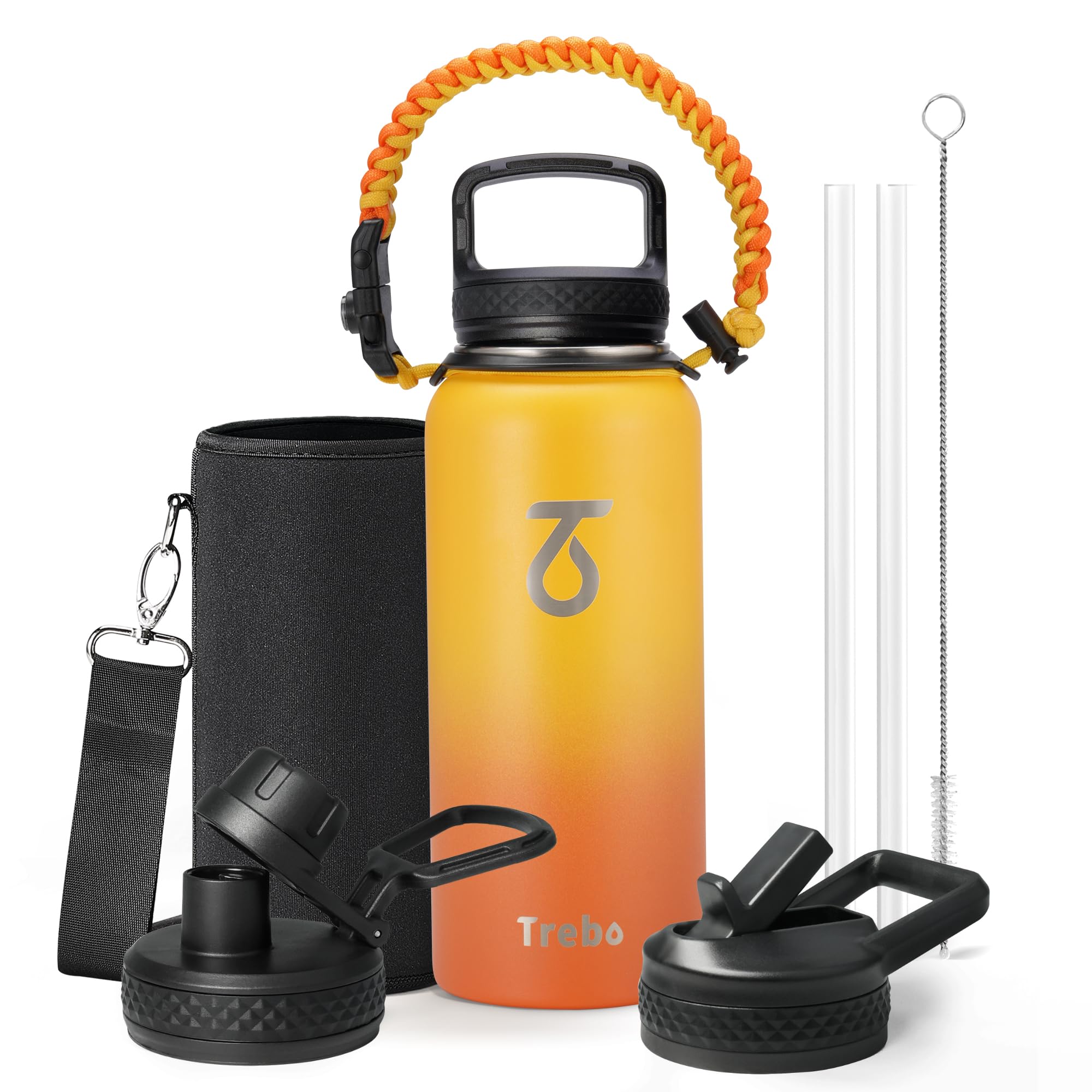 Trebo 32oz Water Bottle Insulated with Lid and Straw,Double Wall Vacuum Stainless Steel Metal Tumbler Sports Flask with Paracord Handle, Keep Hot 24