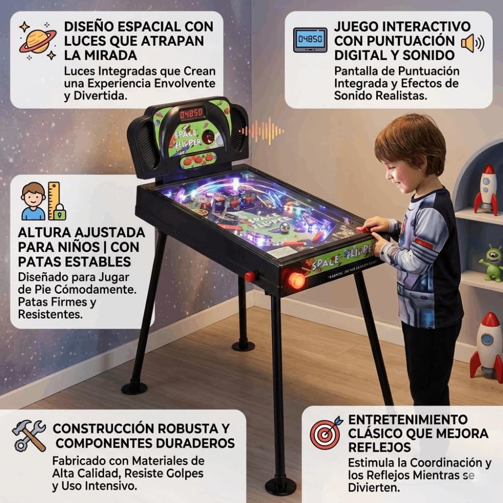 Devessport - Pinball Space Flipper con Patas Fijas 64 x 38 x 88 cm +3 años Efectos de Sonido y Luces