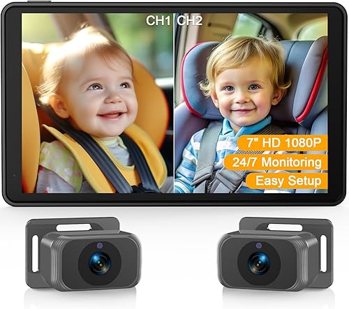 Cámara de coche para bebé para 2 niños, monitor de pantalla dividida de 7 pulgadas, cámaras HD duales 1080P, visión nocturna, rotación de 360,