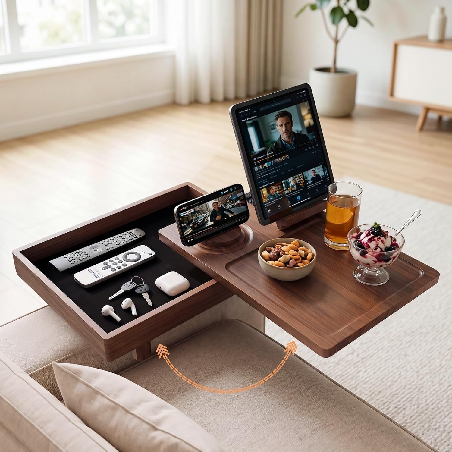 Couch Armrest Table with Cup Holder - Adjustable Sofa Arm Tray with Hidden Storage Box and 360° Rotating Phone Stand for Snacks, Drinks, Remote, and Game Controller