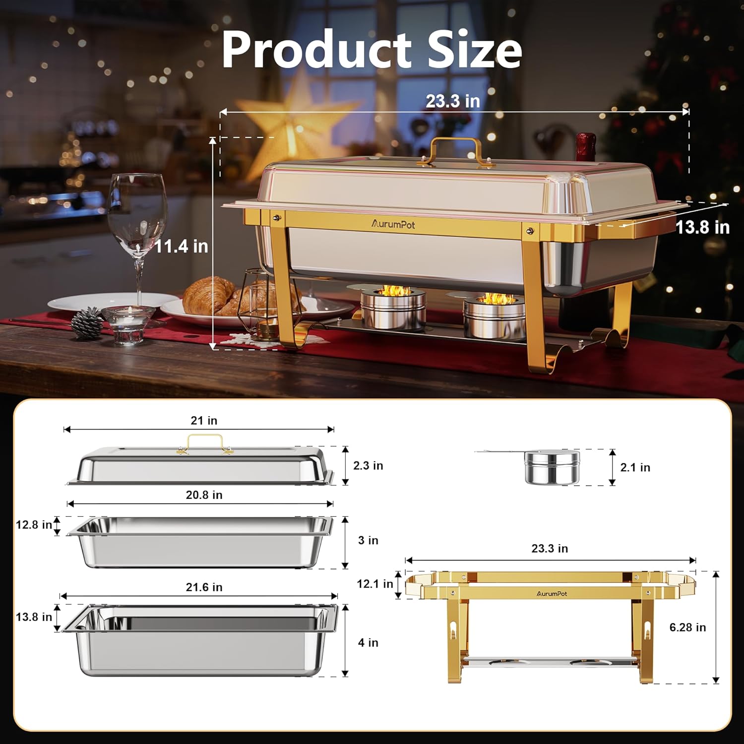 Chafing Dishes for Buffet 4 Pack, 9.5QT Food Warmers for Parties Buffet, Christmas Gatherings [Elegant Gold and Silver Colors] New upgrade Food Grade Stainless Steel,Buffet Servers and Warmers - Image 7