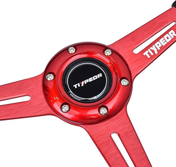 Racing Steering Wheel 13 330mm, 6 Bolt JDM Car Accessory with Red Grooved Spoke Bracket and Horn Button, for Racing Simulators, Rally, and Modified Cars
