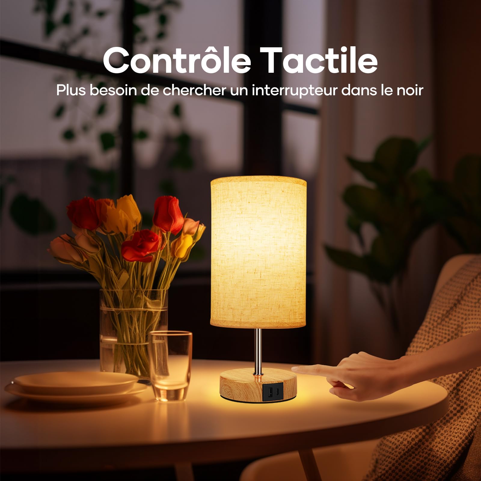 Suright Lampe de Chevet Tactile Lot de 2 avec Ports de Charge USB-A + USB-C, Intensité Variable 3 Voies, Abat-jour en Tissu de Lin, Petite Lampes de Table pour Chambrer Salon Hôtel (Ampoule Incluse)