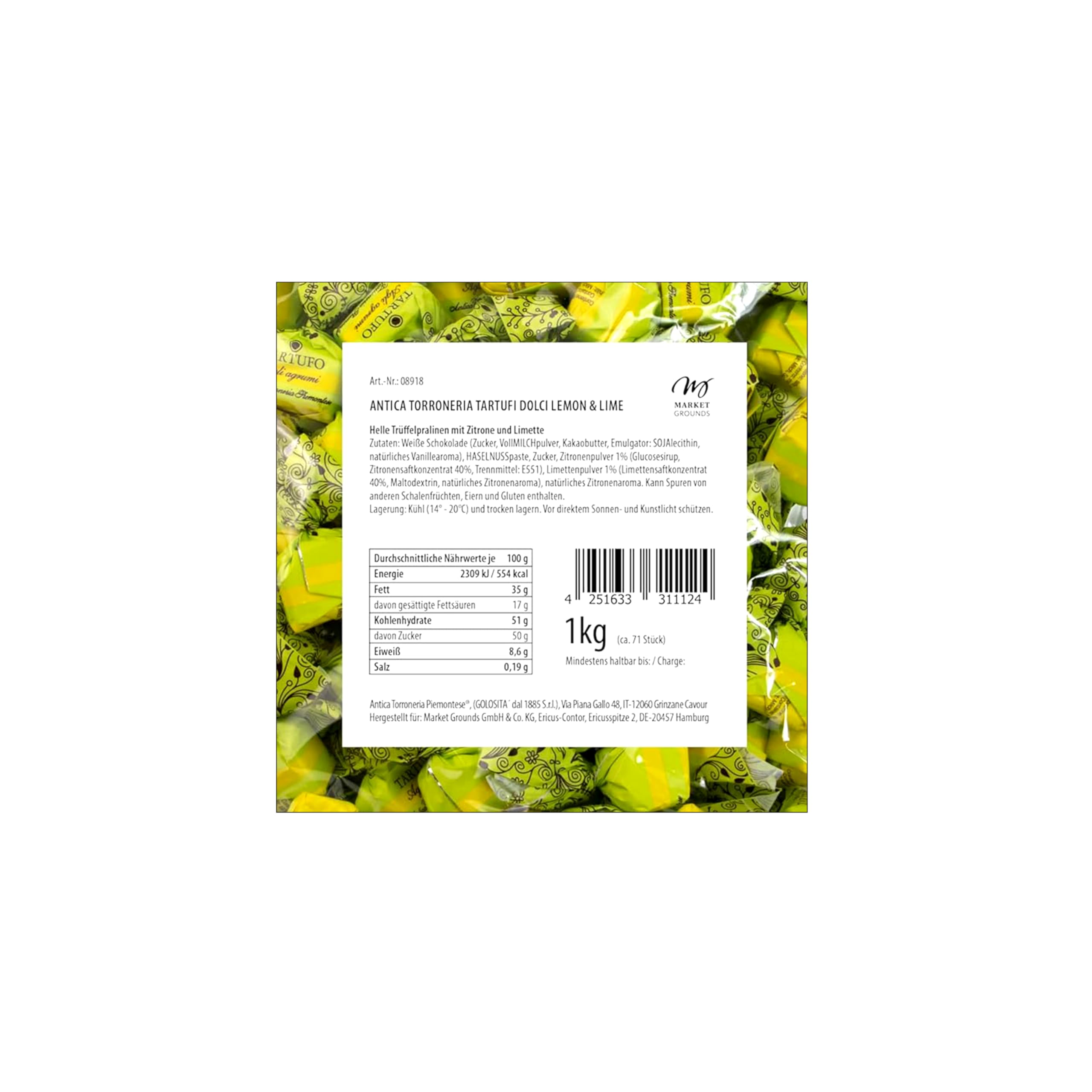 Antica Tartufi Dolci Lemon & Lime, 1kg – Feinste Italienische Trüffelpralinen, Glutenfrei & Köstlich, Ideal als Edle Geschenkidee - 70 Stück, je 14g