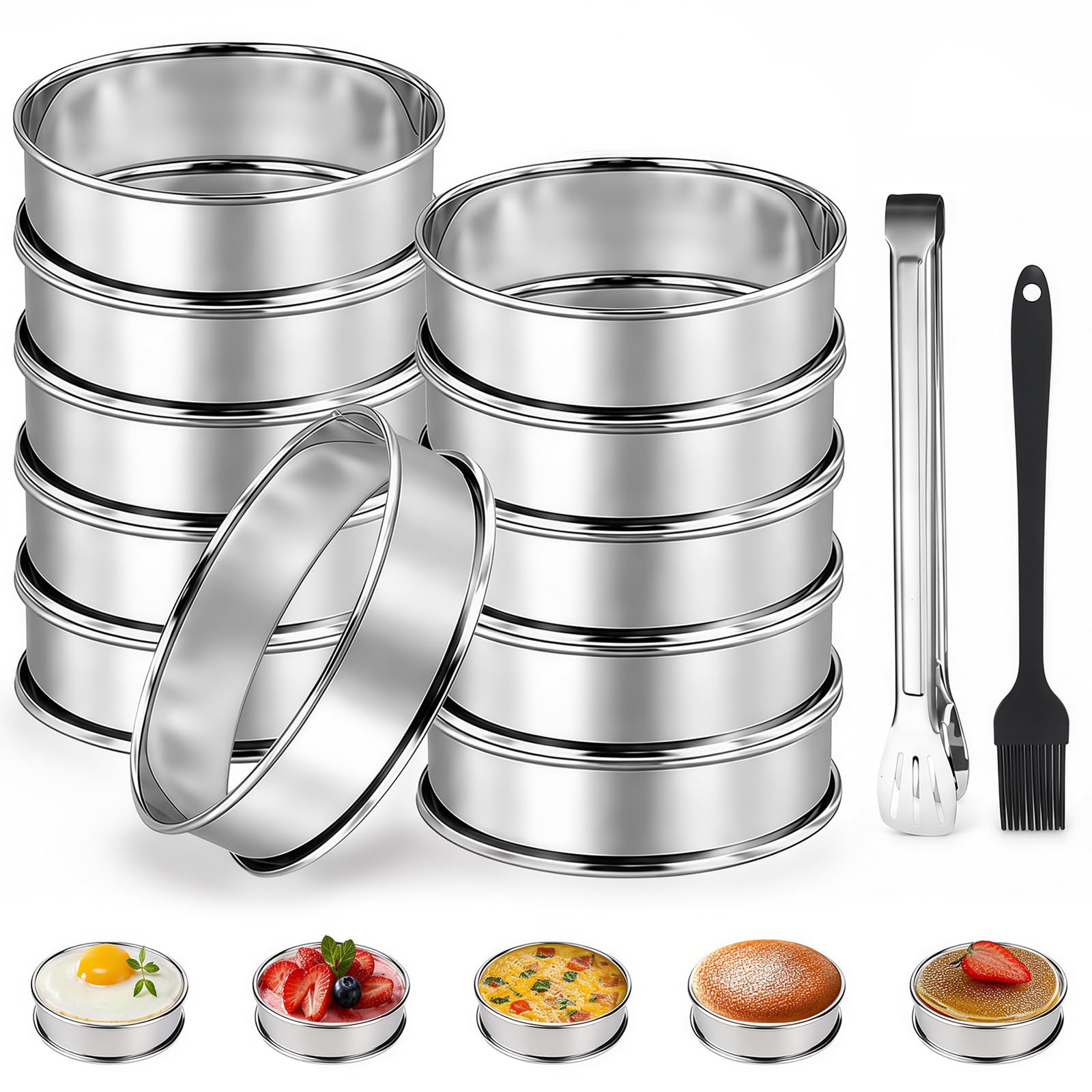 Coztie 10 Pcs Crumpet Rings, 8 cm English Muffin Rings, Non-Stick, Double Rolled Tart Rings with Pastry Brush and Baking Tongs for Making Muffins Biscuits Pastries (Silver)