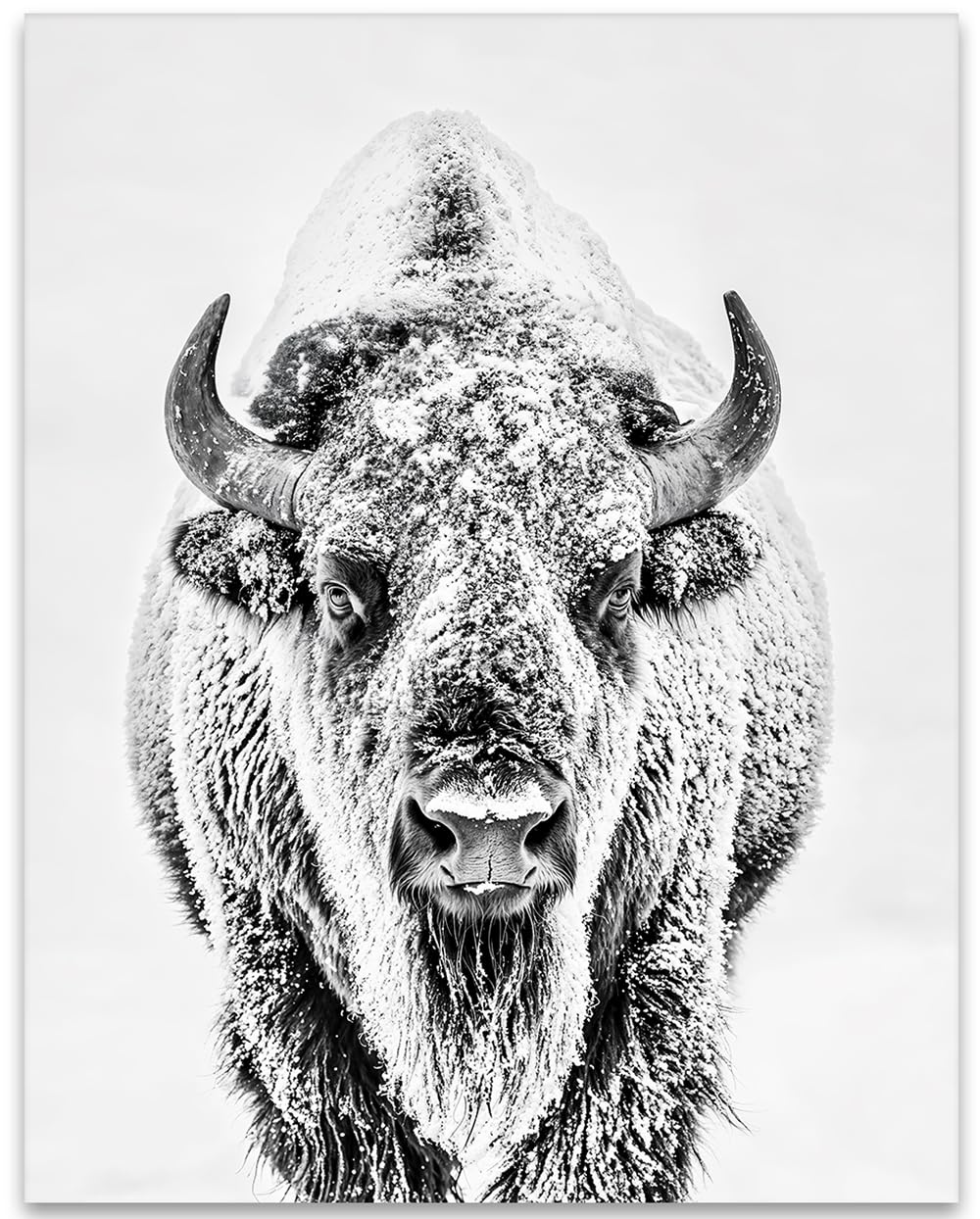 Against All Odds - Majestic Bison Covered in Snow Black and White 16x20 Unframed Print, Winter Wildlife Photography, Buffalo Art for Winter Cabin,