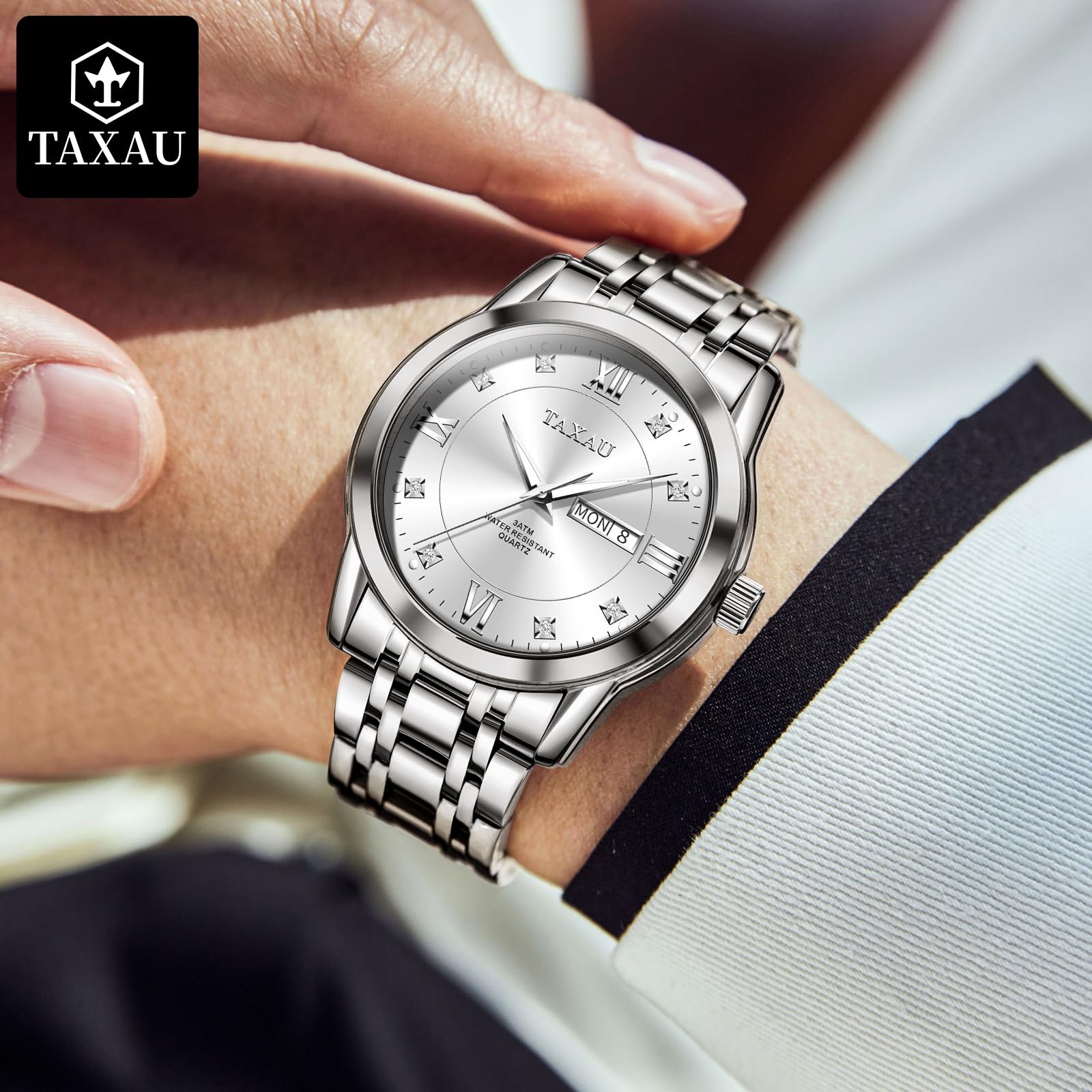 Taxau Armbanduhr Herren Chronograph Analogue Quartz Uhr Herren Edelstahl Wasserdicht Leuchtende Klassische Luxus Business Herrenuhren Geschenke für Männer