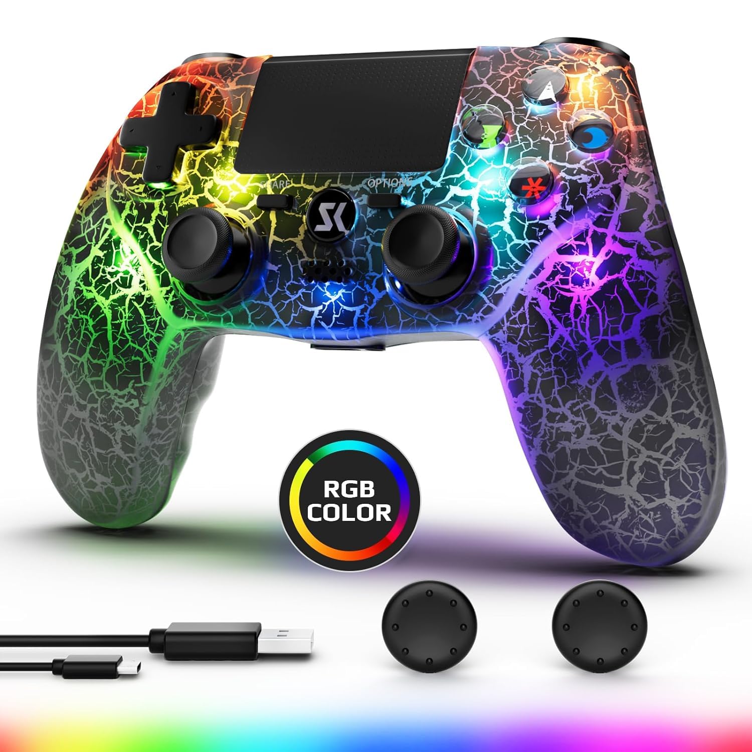 Wireless Controller for PS4, Black Custom Design, Adjustable RGB Light,1000mAh Battery, Double Vibration, 6-Axis, Built-in Speaker & 3.5mm Headphone Jack, Gamepad Compatible with PlayStation 4