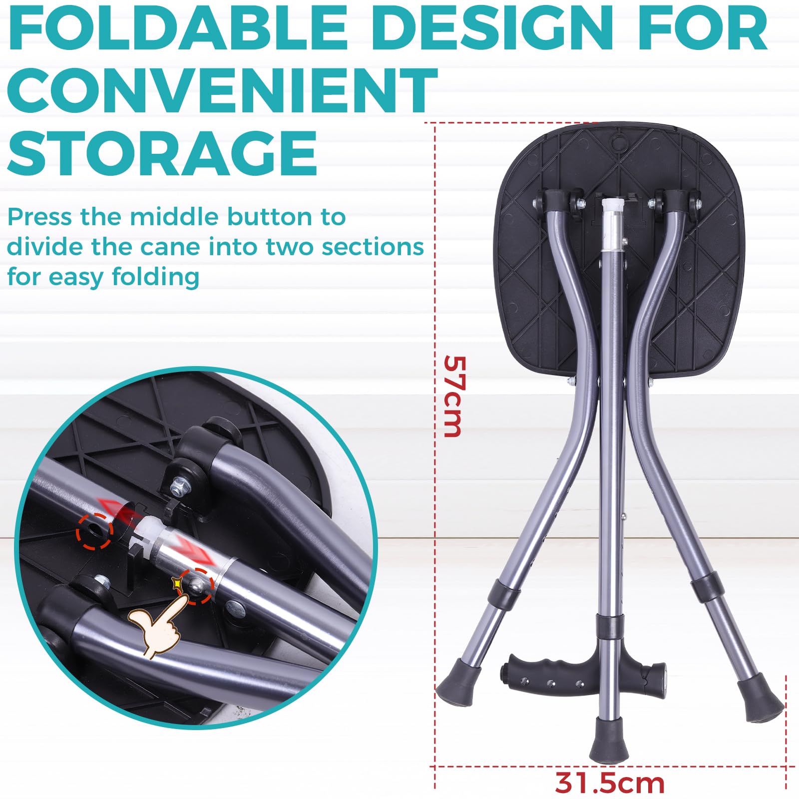 ENLUNTRA Bastone da passeggio pieghevole portatile regolabile con sedile, sedile per anziani, con manico magnetico massaggiante e LED, supporta fino a 150 kg