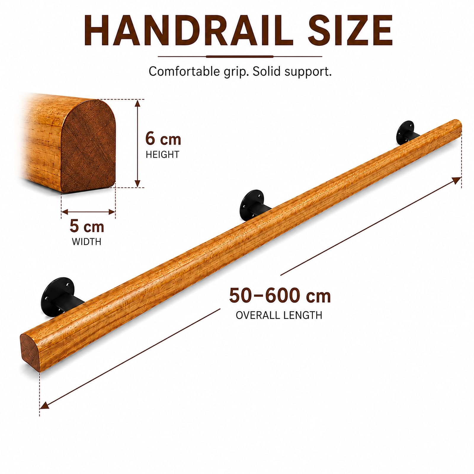 Wooden Handrails for Stairs Non-Slip Stair Banister with Brackets, 360cm - Image 2