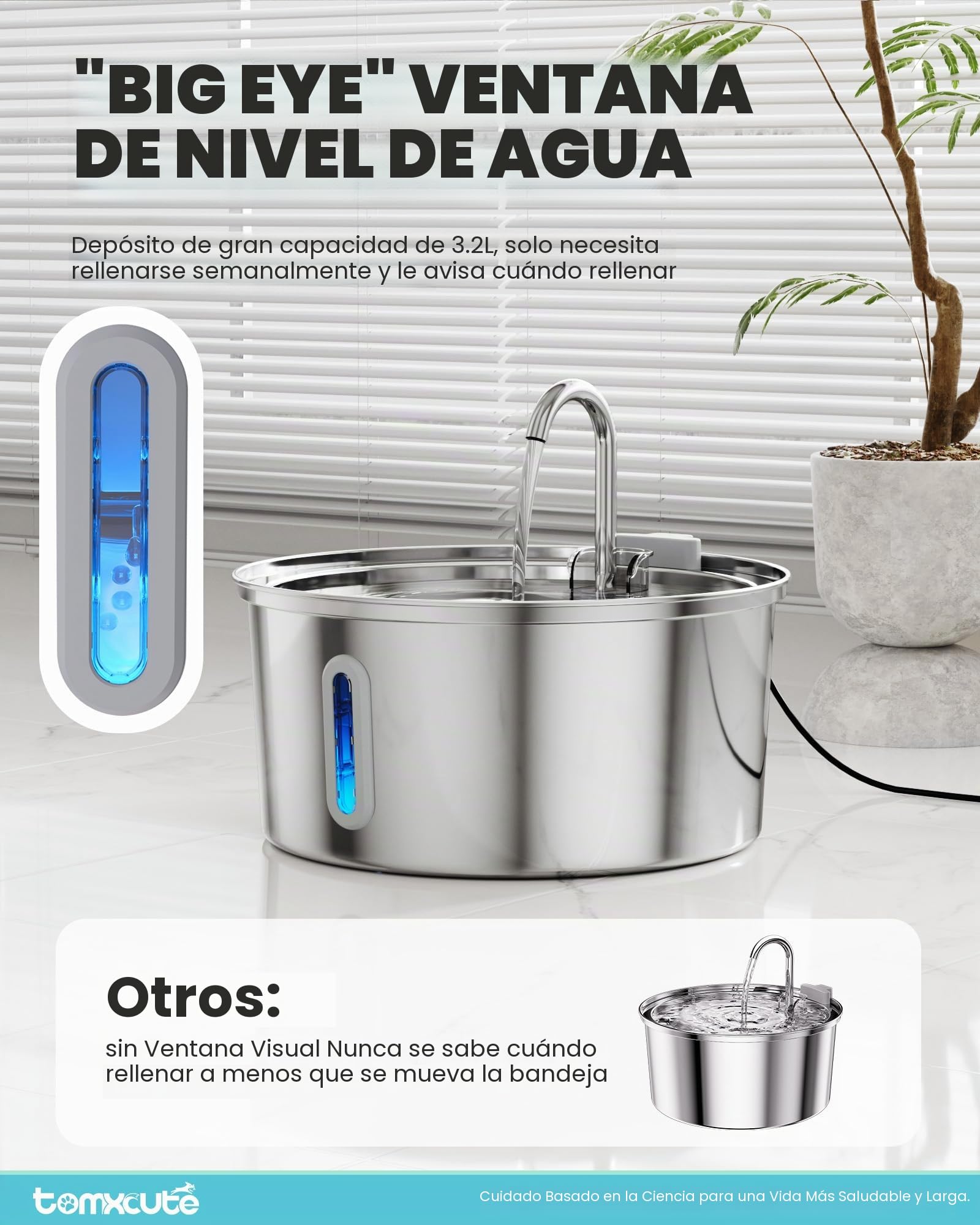 Tomxcute - Fuente de Agua para Gatos, dispensador automático de Agua de Acero Inoxidable de 3.2 l/12 onzas, Bomba Ultra silenciosa y 3 filtros de Repuesto y para Gatos, Perros, múltiples Mascotas