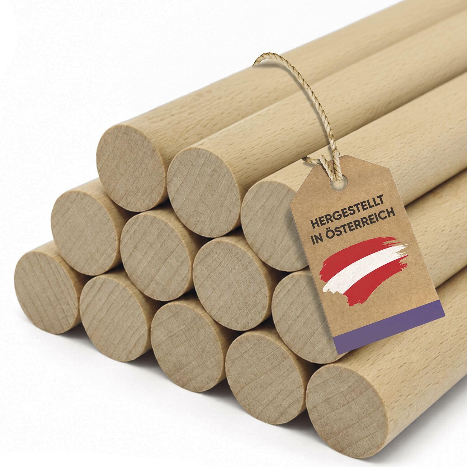 vasalat Varillas de madera lisas para manualidades, 100 cm x 10 mm, madera de haya natural, contenido, 12 unidades