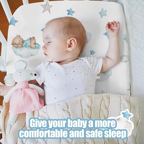 Miniatura 5 de Juego de 4 sábanas para cuna de bebé, diseño de oso azul, unisex, suaves y transpirables, sábanas neutras para cuna, regalos de bebé, niñas y niños,