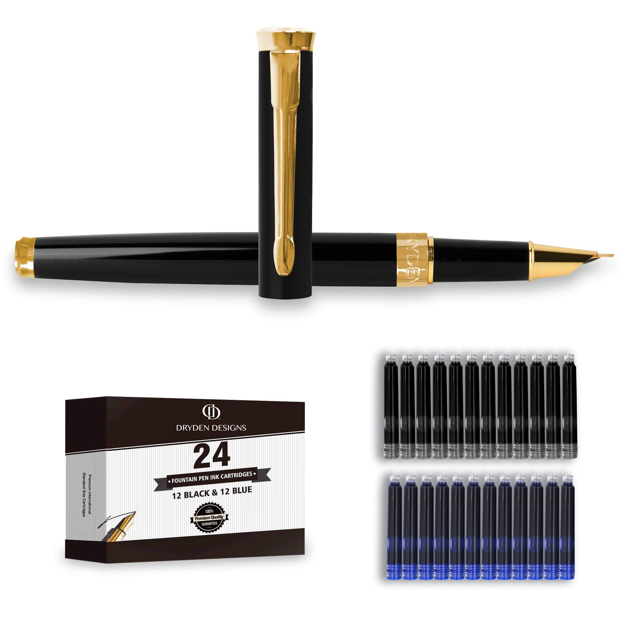 Dryden Designs Füllfederhalter Feine Spitze - Inkl. 24 Patronen (12 Schwarz, 12 Blau) & Tintenkonverter