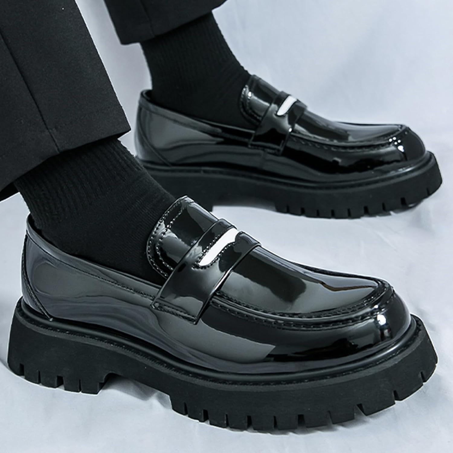 Men's Fashion Black and White Two Tone Chunky Platform Penny Loafers Classic Slip-On Lug Sole Business Work Dress Shoes Daily Non-Slip Shock Absorbing Casual Shoes Large Size 5.5-14 - Image 5