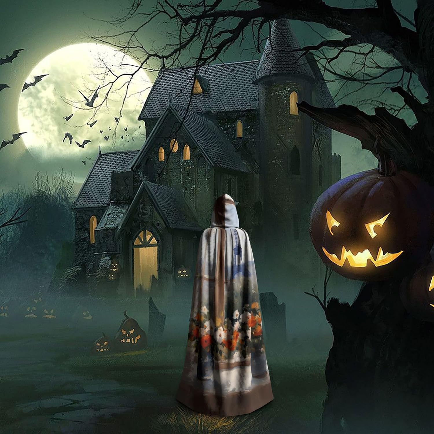 Unisex Full Length Hooded Halloween Christmas Party Robe Cloak Cape Cosplay Costume Men Women Beautiful Vase Prints Black
