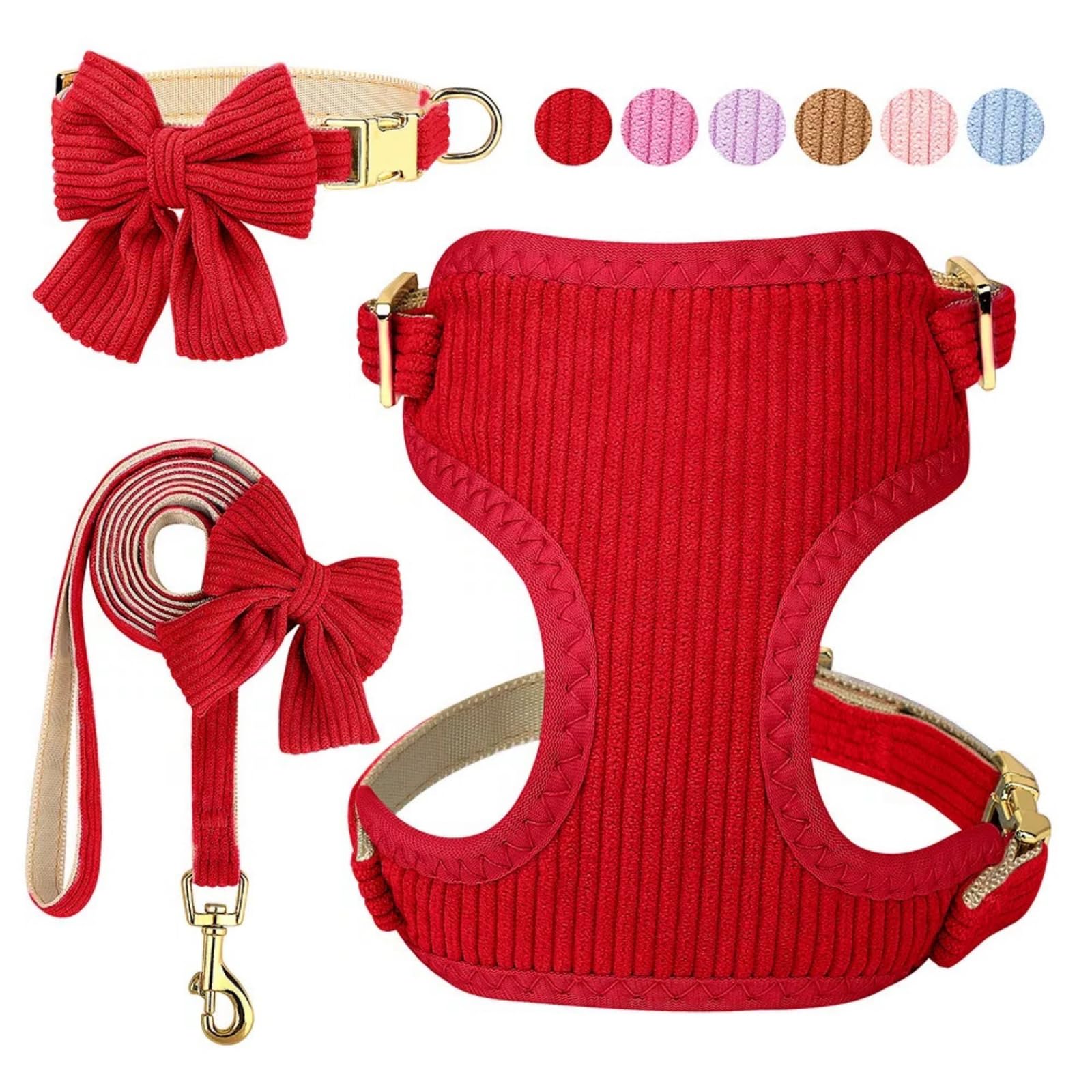 Juego de arnés y correa para perros medianos y pequeños, 3 collares y correas ajustables con pajarita, chaleco acolchado de malla suave transpirable para cachorros y perros pequeños, rojo, M
