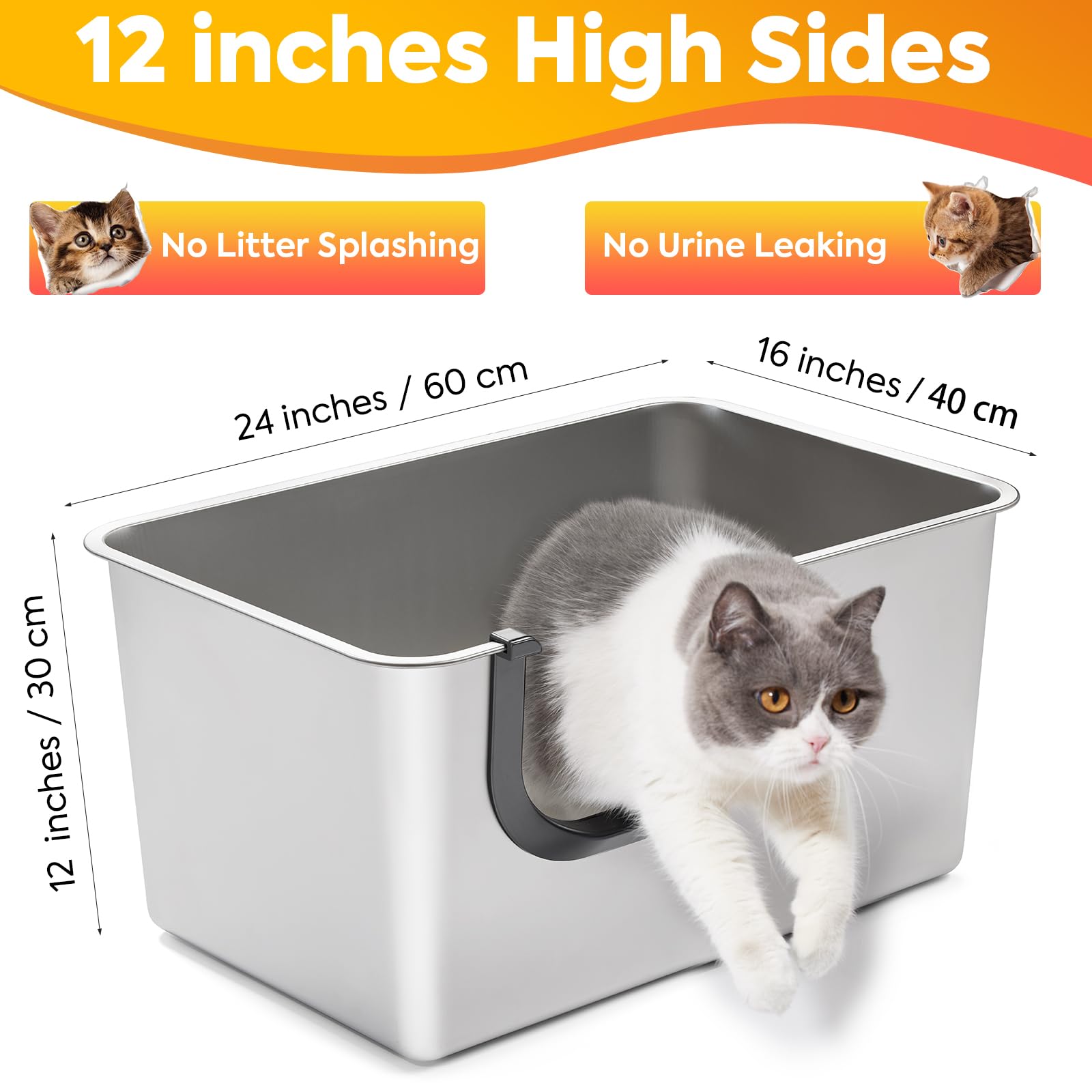 Yangbaga Katzenklo Edelstahl XXL,Offenes Katzentoilette mit Hohem Rand,Katzenklo Metall für Große Katzen und Kätzchen,Geruchsfreie,Auslaufsicher, Griff Freundlich,60x40x30cm