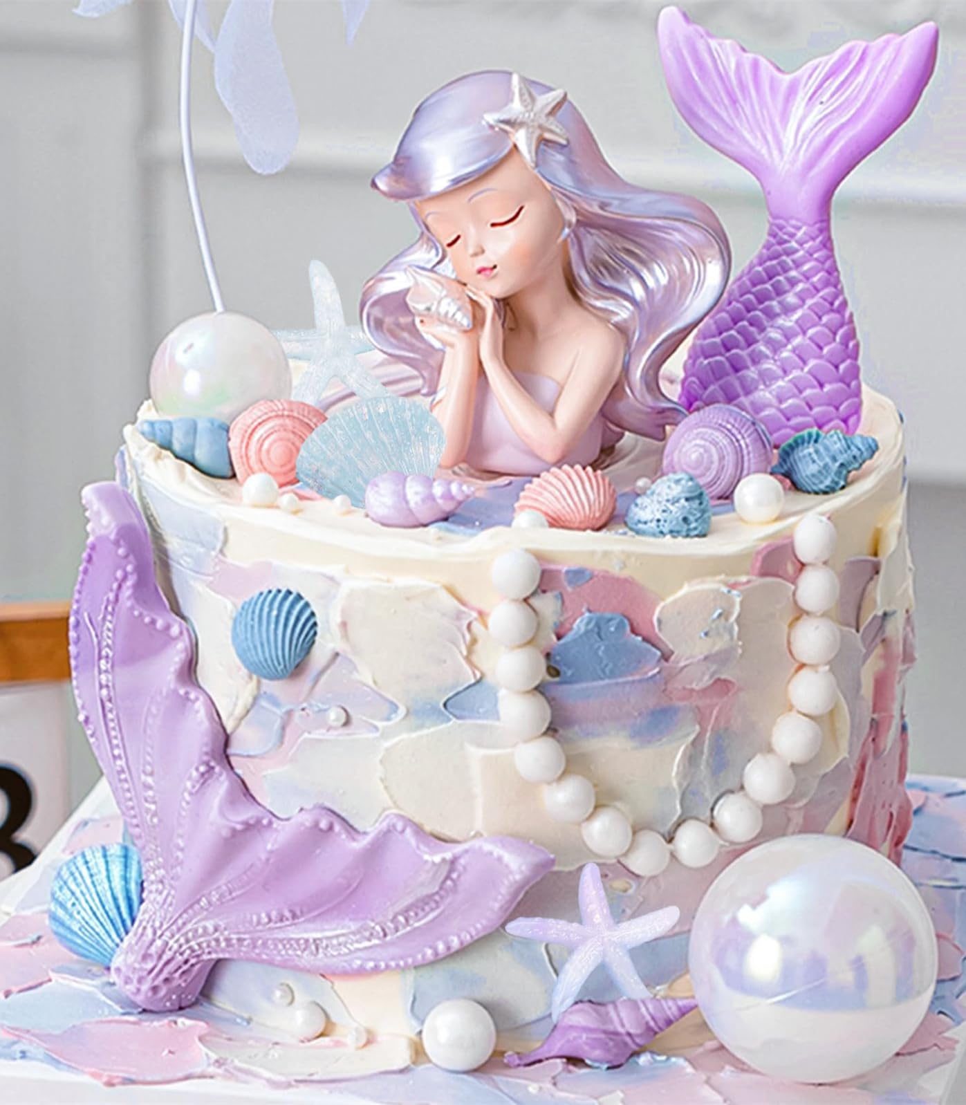 JeVenis Purple Mermaid Cake Toppers Under the Sea Cake Decoration Set  with Seashells, Mermaid Tail, Sea Star Toppers