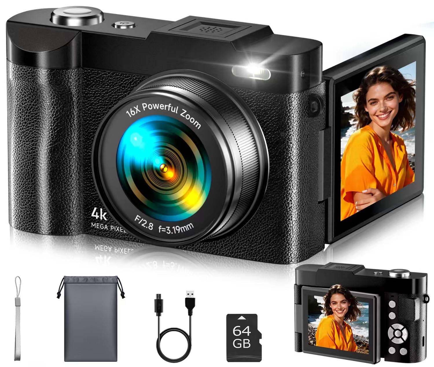 4K Digital Camera for Photography- 48MP Autofocus Vlogging Camera with 2.8" 180° Flip Screen, 16X Digital Zoom- Compact Point and Shoot Camera with 64GB SD for YouTube, Travel, Beginners