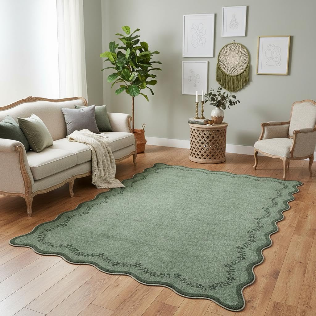GarveeHome 5x7 Scalloped Area Rug Green Washable Rugs for Living Room Bedroom, Soft Low Pile Non Slip Accent Floor Mat Solid Floral Print Throw Rug