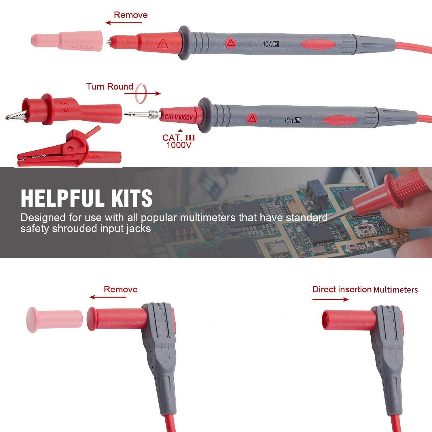 Black Friday - 50% OFF WGGE WG-011 Test Lead and Safety Alligator Clips,Multimeter Test Leads Kit CAT III 1000V & CAT IV 600V with Threaded Alligator Clips, 4mm Test Lead Probe Tip. (WG-011)