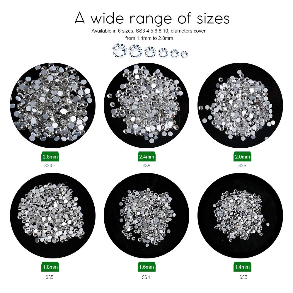 1728 diamantes de imitación para uñas, piedras de cristal transparentes con parte trasera plana, diamantes de imitación para uñas, manualidades, 288 unidades para cada tamaño (SS3 4 5 6 8 10) 2