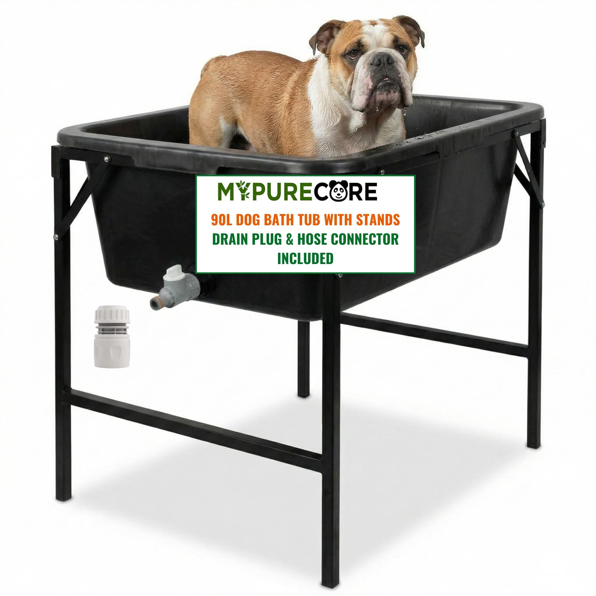MYPURECORE Black Dog Bath Tub – Pet Bath Pool with Drain Plug & Hose Connector – Durable Plastic Bath for Indoor & Outdoor Pet Care (90L Dog Bath Tub with Stand)