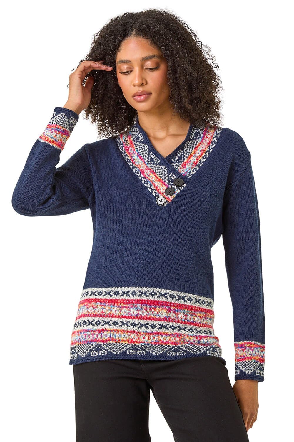 Roman Women's Midnight Nordic Print Button Detail Jumper In Size 12