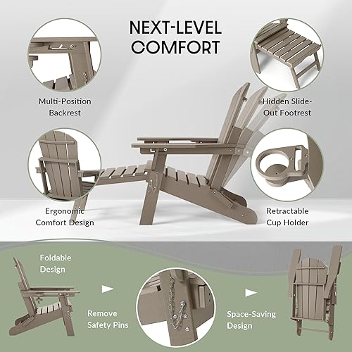 Miniatura 8 de WestinTrends Malibu - Silla Adirondack plegable ajustable con otomana retráctil y portavasos (juego de 2), madera envejecida