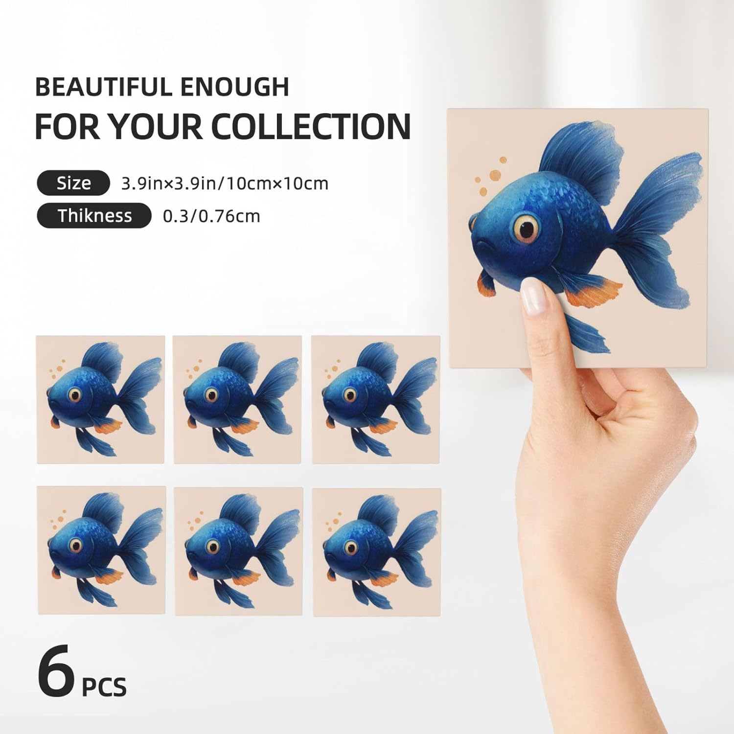 (Cute Blue Fish) Ceramic Coasters Set of 6 with Holder Non-Slip Square Coffee Coasters for for Cup Mug Drink Patio Coffee Table Decor, Christmas Coasters Home Bar Supplies