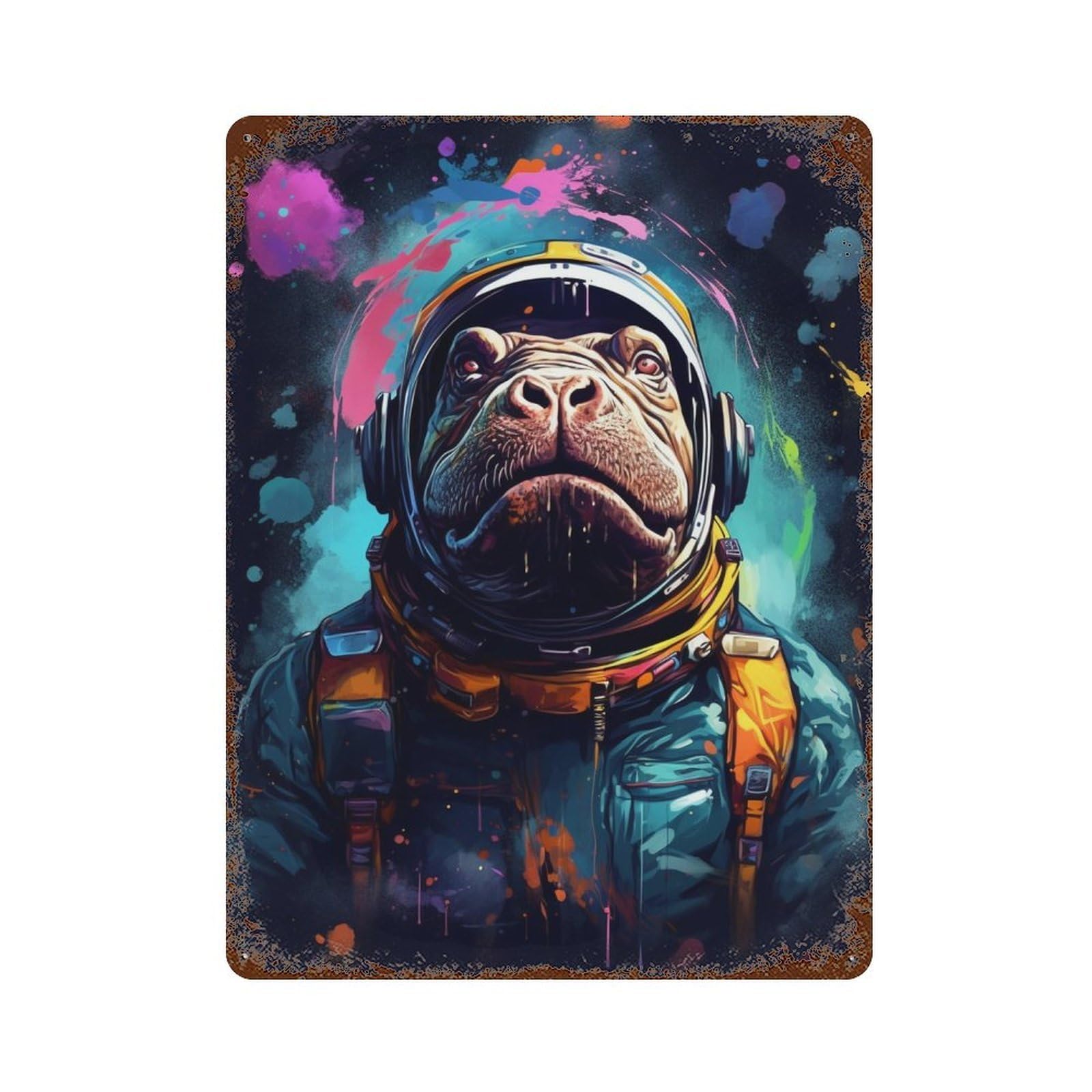 Hippopotamus Astronaut Space Suit Distressed Metal Wall Sign 15.7"x11.8", for Basement, Hobby Room And Garage Decor, Shabby Chic Decor