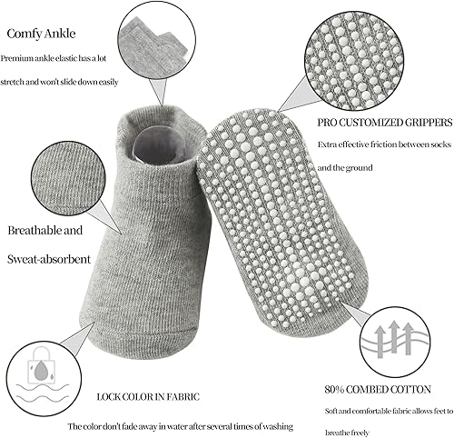 Miniatura 3 de QIYIENDIAN 6 pares de calcetines antideslizantes acogedores y cálidos tipo crew con agarres para bebés, infantes, niños pequeños, niños y niñas