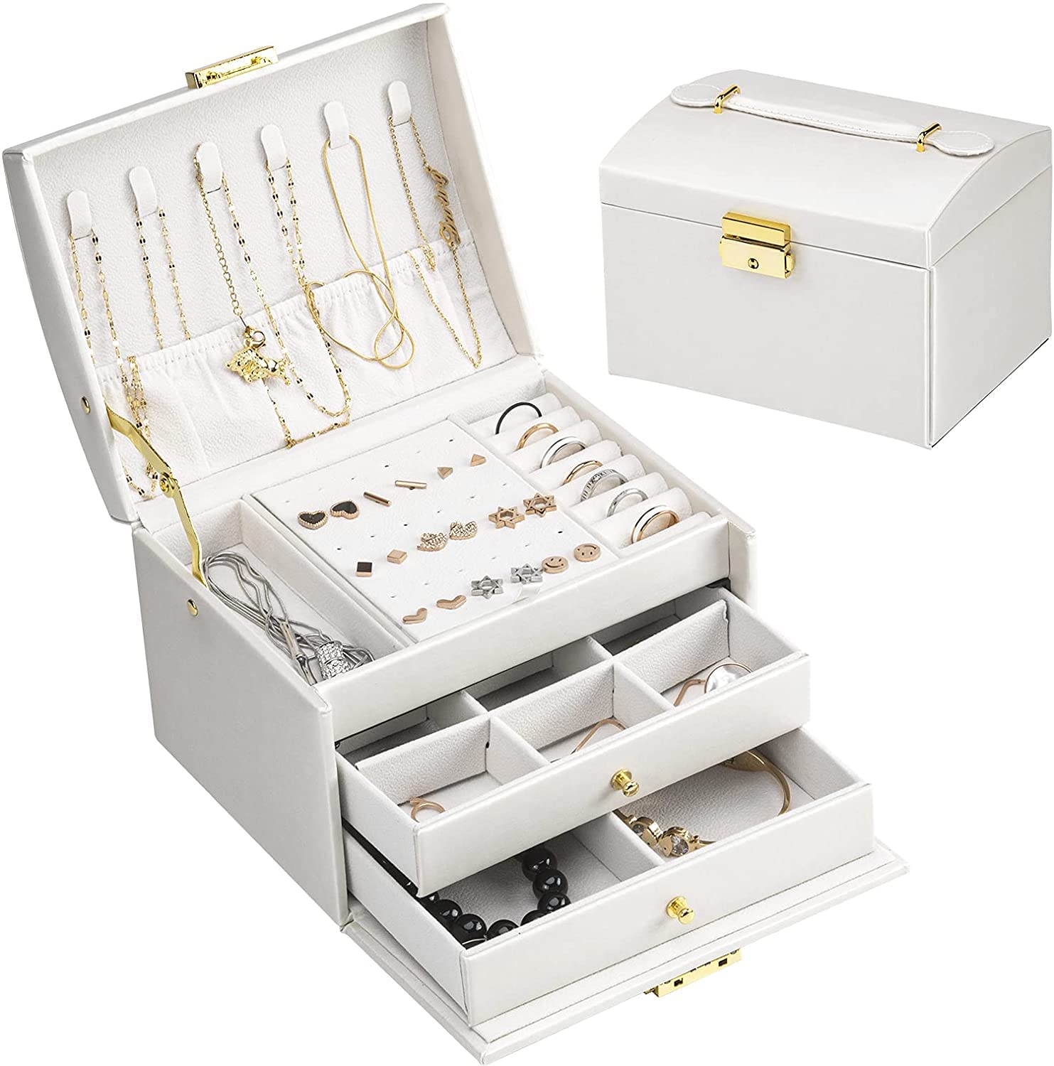 UHOOMEUHOOME Jewelry Box For Women PU Leather, 3 Layer Jewelry Storage Holder with Lock, Portable Travel Jewelry case for Earrings Bracelets Rings Necklace (off-white)