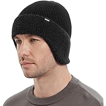 Winter Fleece Line Beanie with Earflap for Men Women, Outdoor Warm Thermal Knitted Hat Stocking Caps