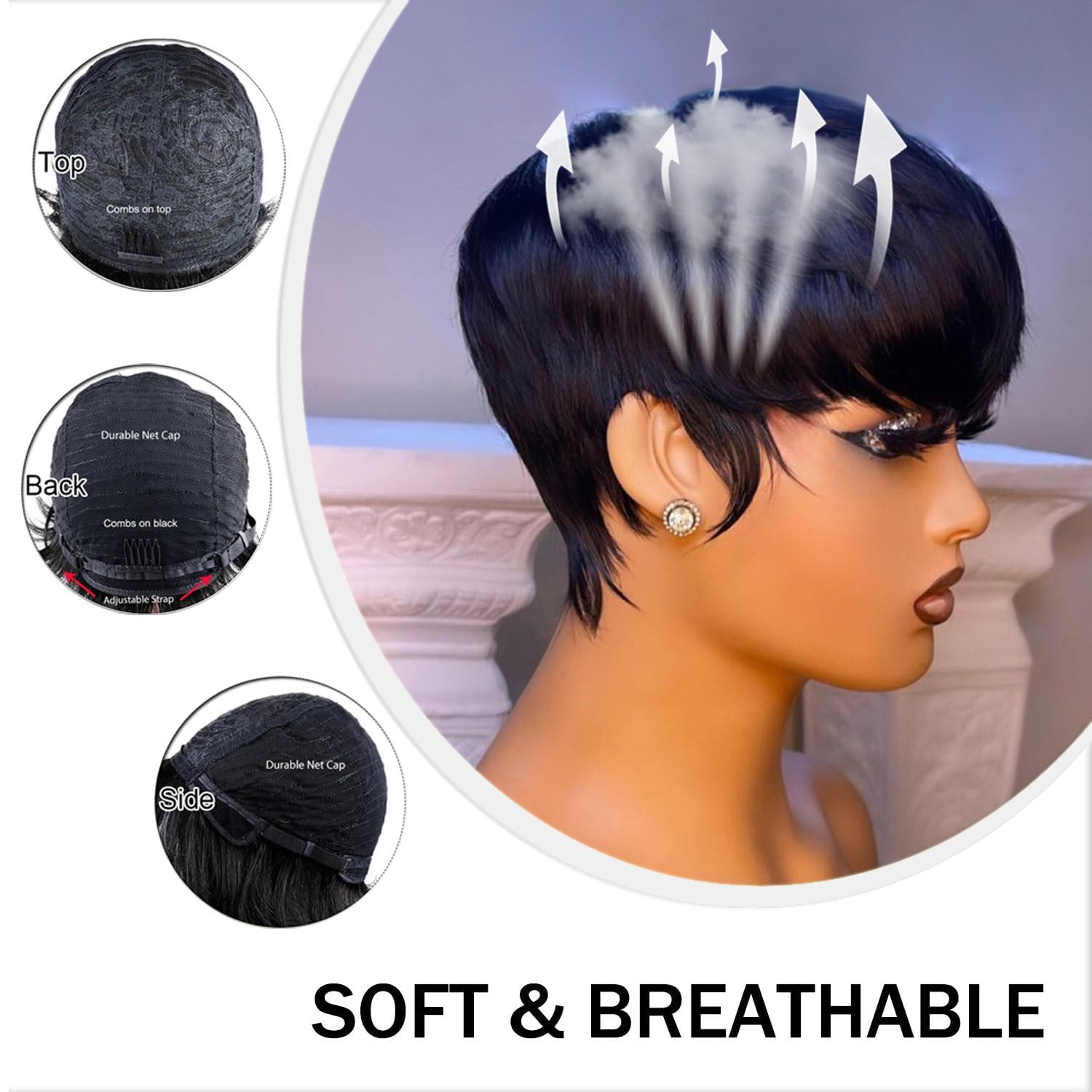 Short Human Hair Wigs for Women Pixie Cut Wigs with Bangs No Lace Front Wig Natural Short Straight Hair Glueless Wig Natrual Black - Image 3