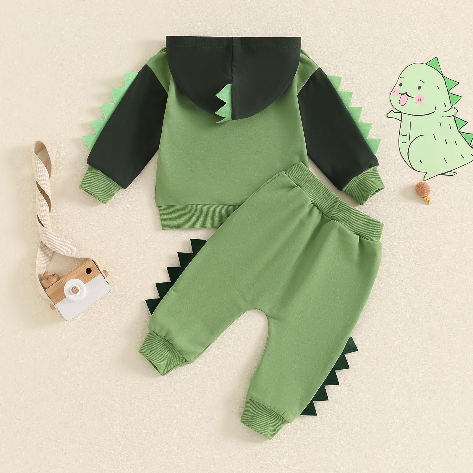 Kodaruber Toddler Baby Boy Dinosaur Outfit Long Sleeve Hoodie Sweatshirt Elastic Waist Pants Set Fall Winter Clothes(Green,18-24 Months)