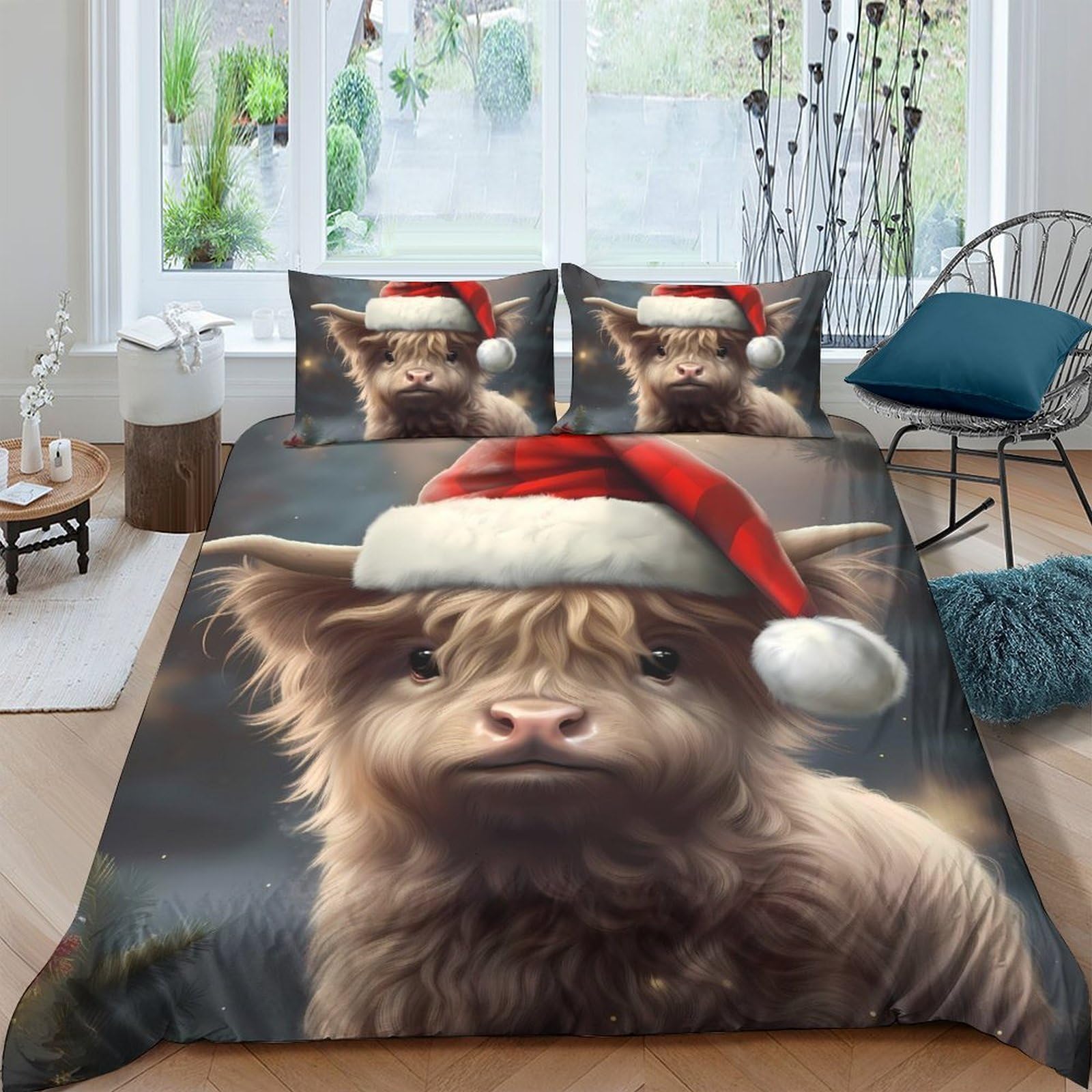 Ctjqhvkz Style-3 3D Printed Highland Cow Santa Hat Fitted Sheet Microfiber Soft Christmas Animal Bed Cover Bedroom Decor Single（135X200cm）