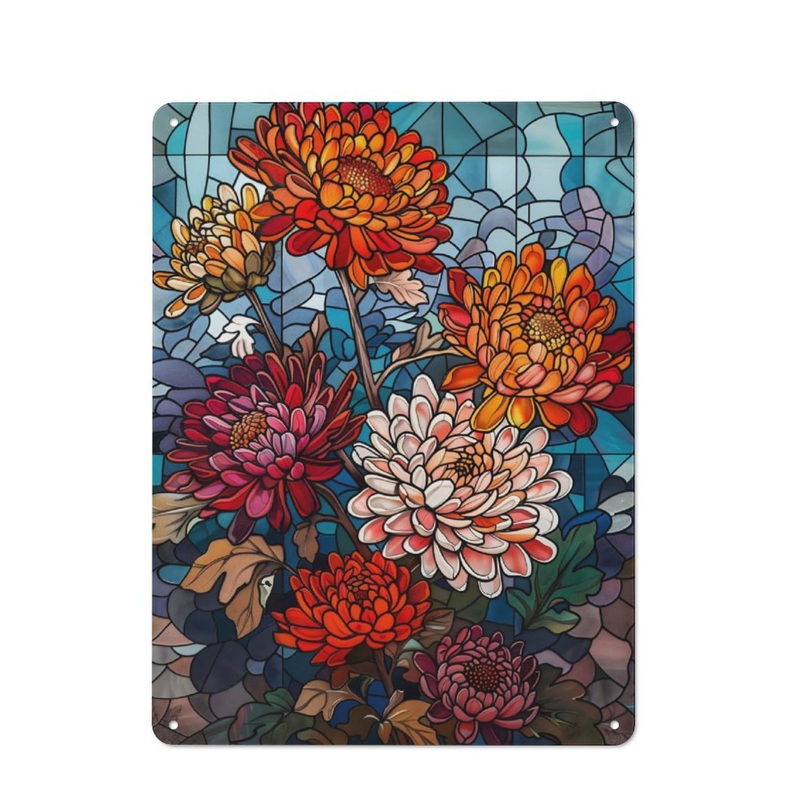 Junmoney Radiant Chrysanthemums For Lounge Or Reading Corner, Rustic Tin Sign 40X30cm, For An Autumn Update To Lounge And Reading Corner
