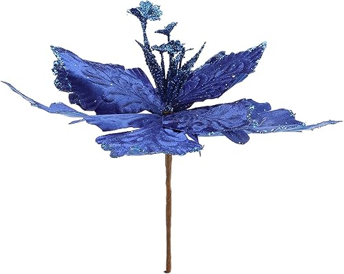 6 flores de Pascua artificiales con purpurina, flores de Navidad azules, decoración floral de árbol de Navidad para corona, arreglo floral, jarrón,