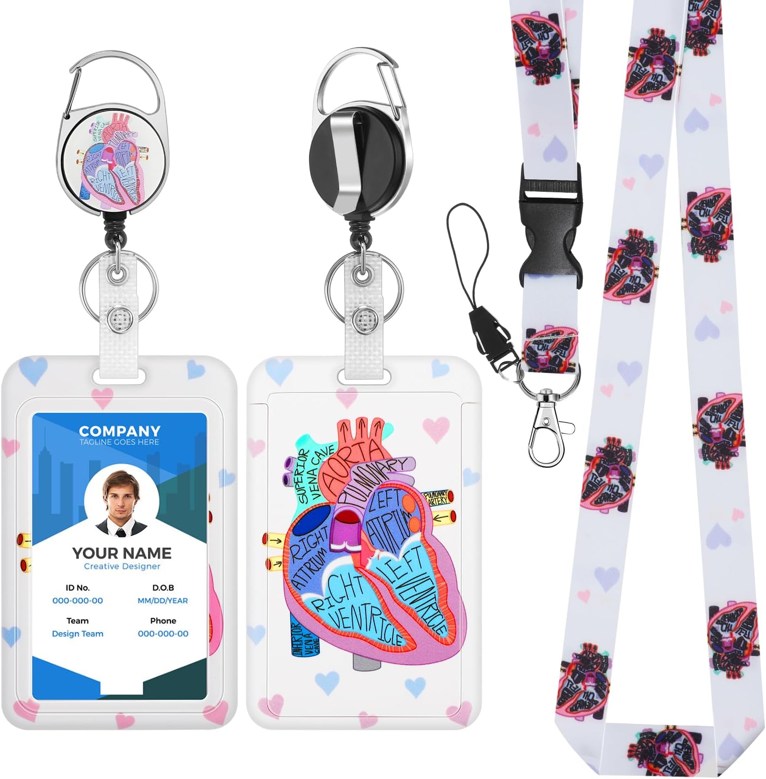 Andibro Cardiac ID Badge Holder with Lanyard, Cute Anatomical Heart Card Holders with Retractable Badge Reel&Detachable Lanyard Funny Credit Card Protector Fashionable Neck Crossbody Lanyard for Nurse