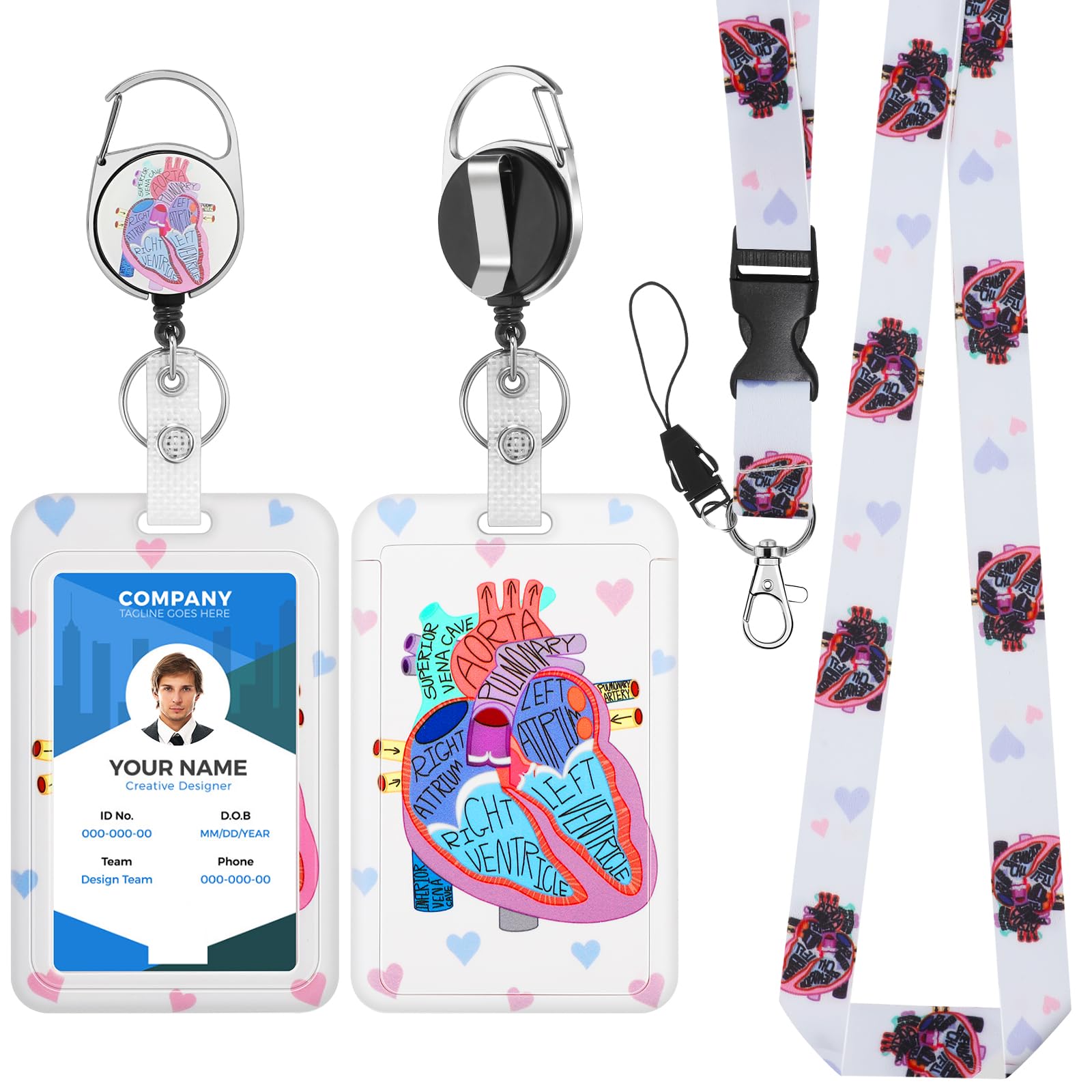 Andibro Cardiac ID Badge Holder with Lanyard, Cute Anatomical Heart Card Holders with Retractable Badge Reel&Detachable Lanyard Funny Credit Card Protector Fashionable Neck Crossbody Lanyard for Nurse