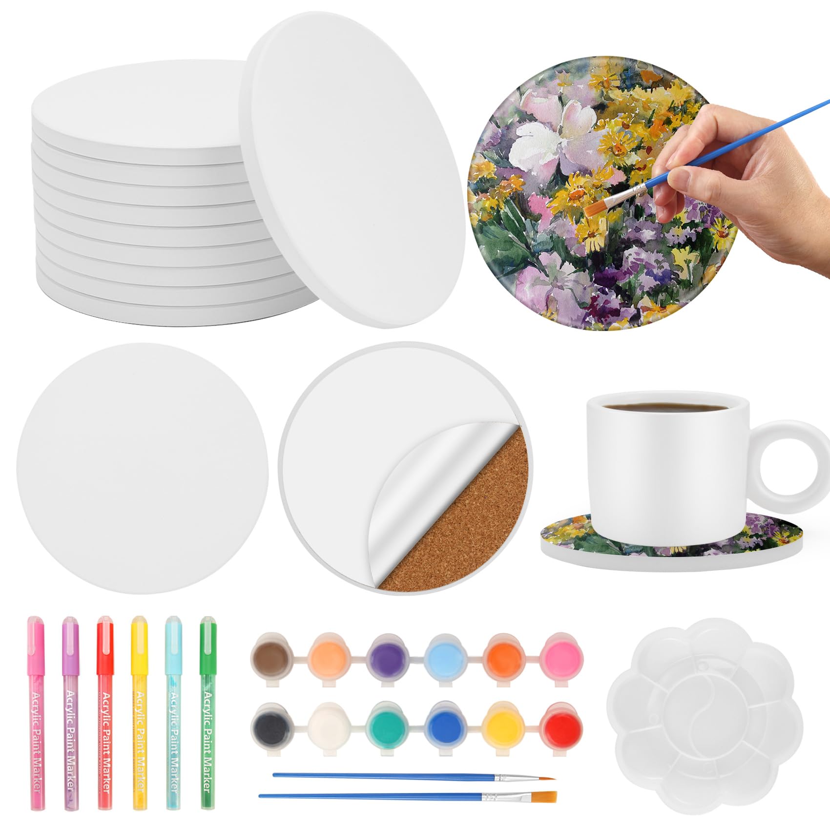 Povxlum Paint Your Own Coasters Coaster Tiles with Cork Sheet Pads DIY Painting, Mosaic Tile Work, Arts and Crafts or Sublimation Blanks 10.2 x 10.2 cm（Round）