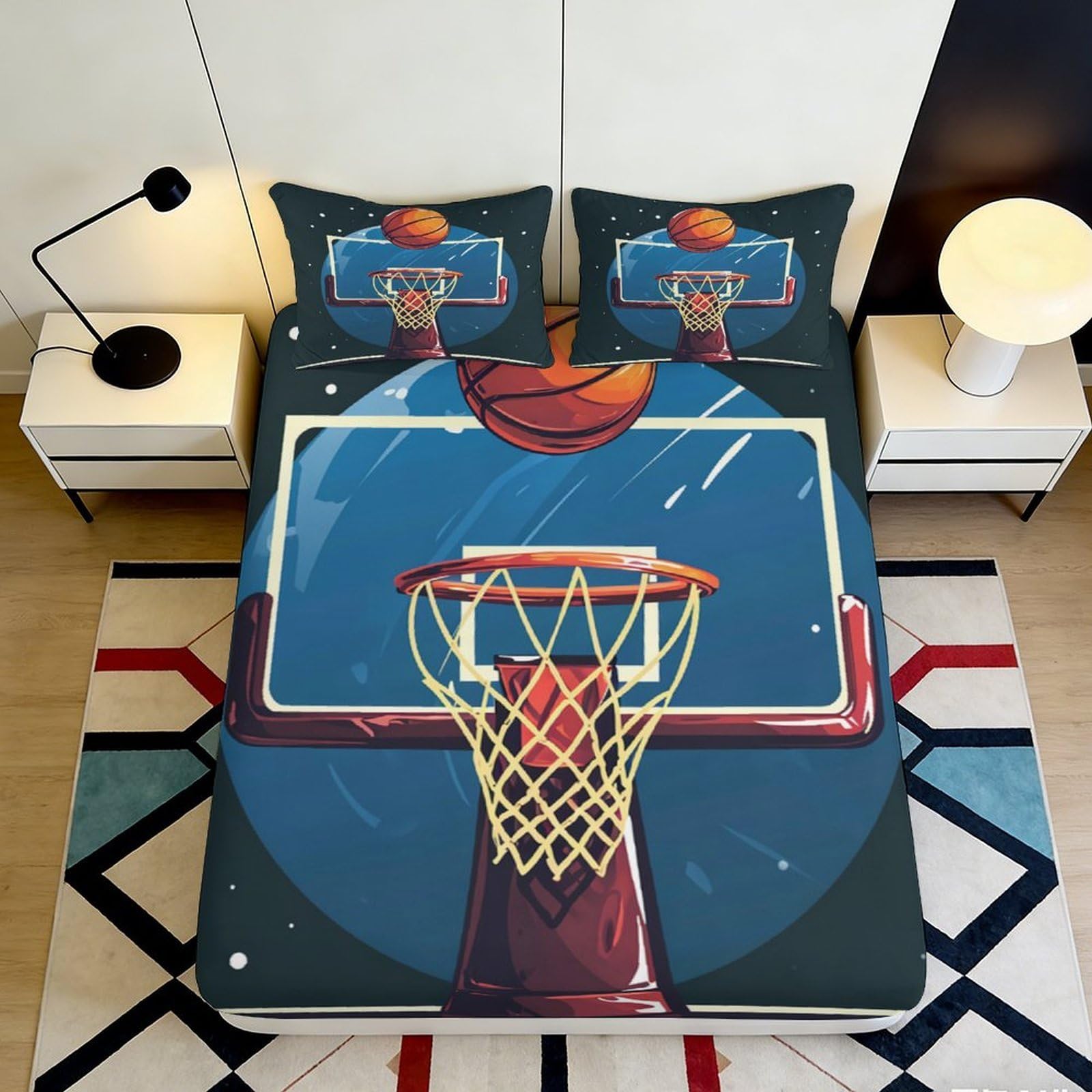 3D Printed Basketball Hoop Fitted Sheet Microfiber Soft Breathable Basketball Court Bed Cover for Bedroom Dorm Decor 90x200x25cm