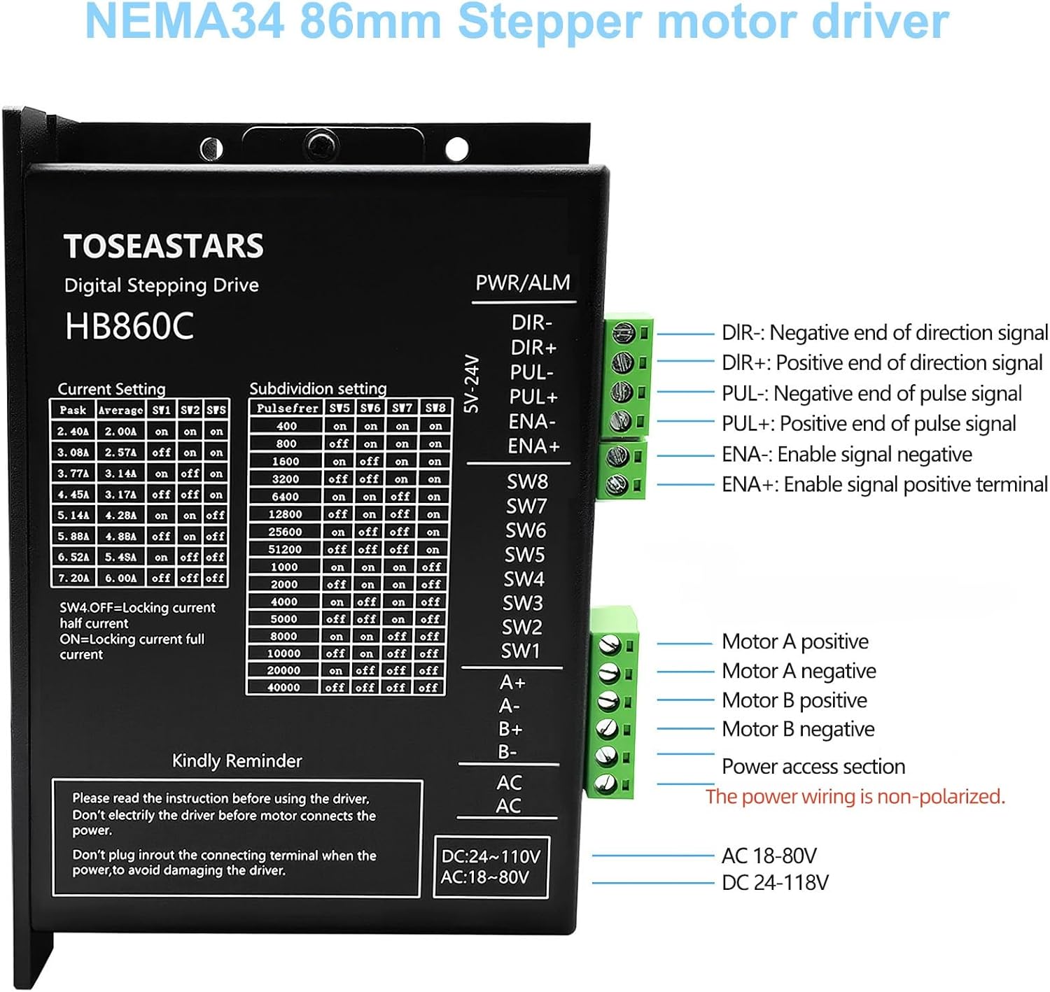 CNC Controller Kit 3 Axis with Nema 34 86mm Stepper Motor 12Nm 1700 oz-in 2PH 6.0A 14mm Key-Way Shaft 150mm Body , Step Motor Driver, 400W Power Supply 60V, USB Mach3 CNC Control Card